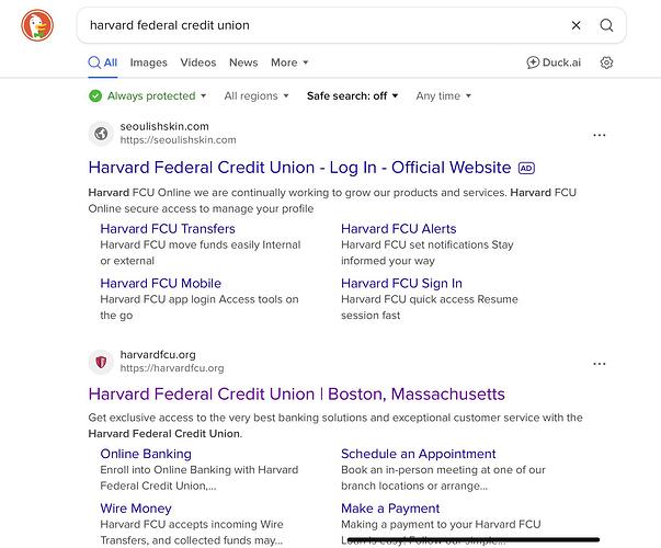 DDG results page for Harvard Federal Credit Union. The first result is a sponsored result for a site pretending to be the credit union.