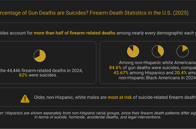 Gun death suicide statistics 2025 infographic showing 62% of firearm deaths are suicides by race