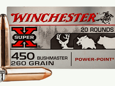 Winchester Super X 450 Bushmaster 260 grain Power-Point ammunition box with cartridge