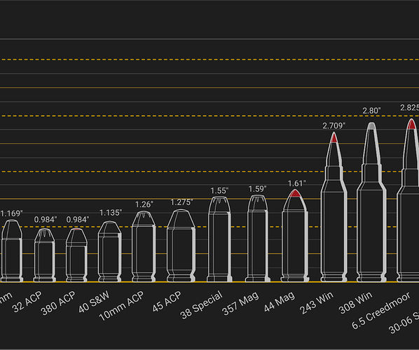 Ammunition size chart comparing cartridge lengths from 22 LR to 8x68mm S calibers