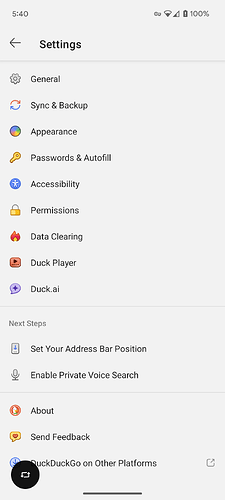A screen shot of the Settings screen for the Duck Duck Go browser app